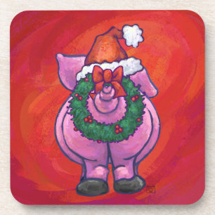 Dessous-de-verre Cochon mignon à Santa Hat sur rouge