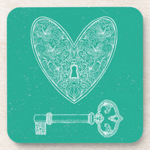 Dessous-de-verre Coeur verrouillé et clé sur Arrière - plan vert