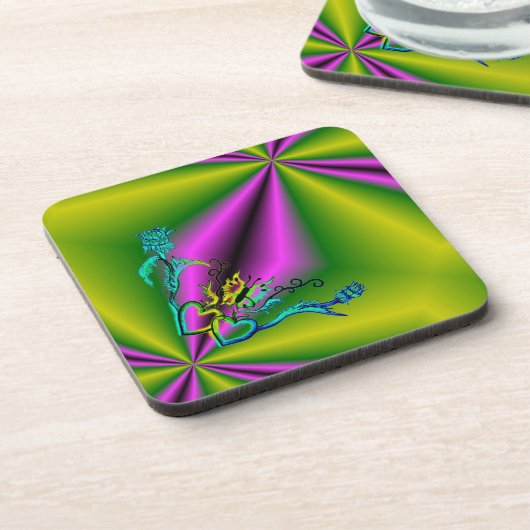 Dessous-de-verre Coeurs avec fleurs et papillon en style tatouage (Côté gauche)