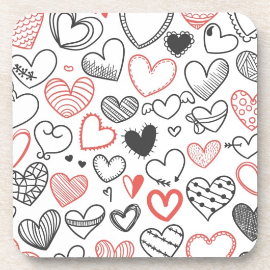 Dessous-de-verre Coeurs de doodle Valentine rouge et noir hipster (Devant)
