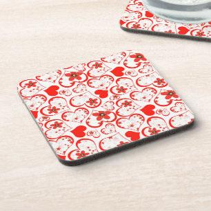 Dessous-de-verre Cœurs rouges et fleurs sur fond blanc