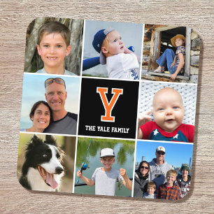 Dessous-de-verre Collage de photos Famille Monogrammé Orange Noir