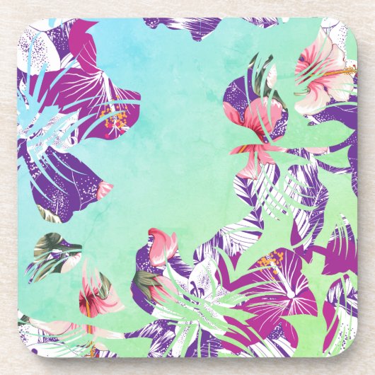 Dessous-de-verre Collage floral tropical moderne sur Aqua (Devant)