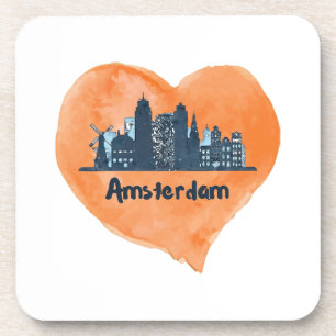 Dessous-de-verre Coloré Amsterdam City Skyline Watercolor Heart P