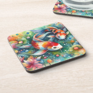 Dessous-de-verre Coloré Koi Poisson Whimsical Aquarelle Orange Turq