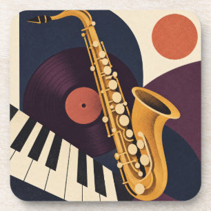 Dessous-de-verre Composition Jazz Ochre Saxophone Vinyle et Piano
