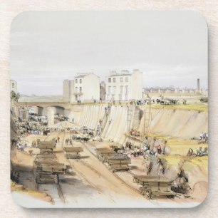 Dessous-de-verre Construction du mur de soutènement près de la ru