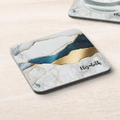 Dessous-de-verre Cool Blanc Turquoise Marbre Pierre Or (Côté gauche)