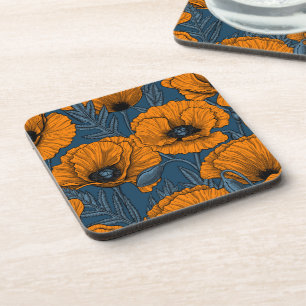 Dessous-de-verre Coquelicots orange sur fond bleu foncé