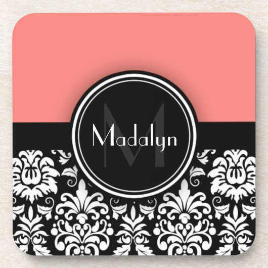 Dessous-de-verre Corail noir blanc Damas Monogramme (Devant)