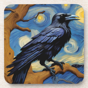 Dessous-de-verre Corbeau dans le vieux chêne dans la nuit étoilée