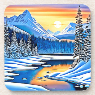 Dessous-de-verre Coucher de soleil de montagne d'hiver