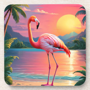 Dessous-de-verre Coucher de soleil flamant rose sur la plage tropic