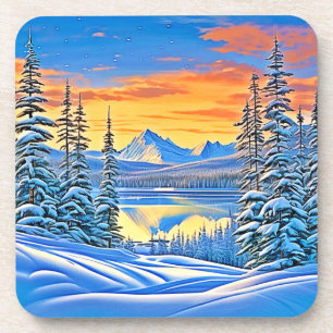 Dessous-de-verre Coucher de soleil sur la montagne neigeuse