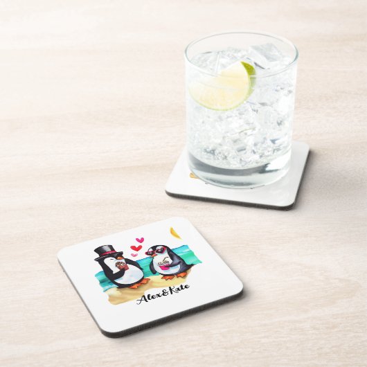 Dessous-de-verre Couple de pingouin drôle, Animaux en amour (Côté Droit)