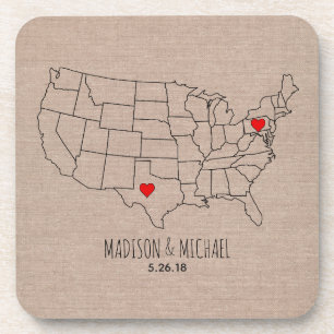 Dessous-de-verre Couple sur mesure USA State map names & date heart