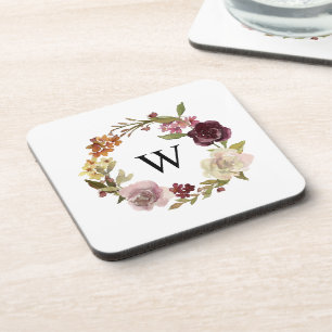 Dessous-de-verre Couronne de monogramme à l'aquarelle florale blanc