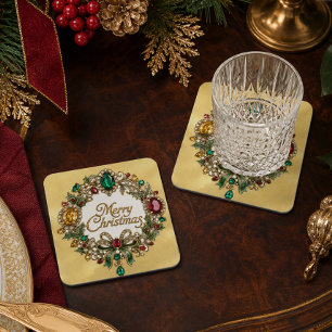 Dessous-de-verre Couronne de Noël en pierre précieuse dorée Joyeux