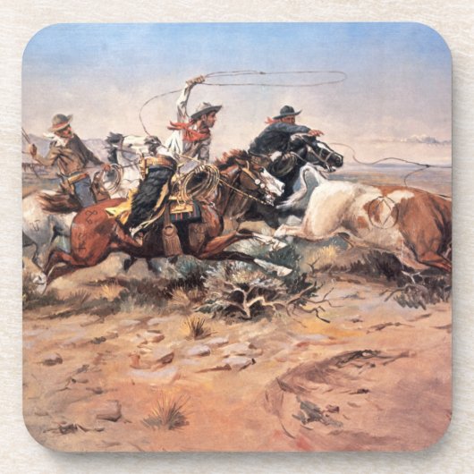 Dessous-de-verre Cowboys roping un boeuf, 1897 (huile sur la toile) (Devant)