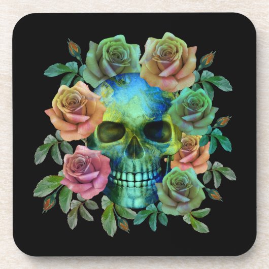 DESSOUS-DE-VERRE CRÂNE VERT DE LA MORT AVEC FLEURS (Devant)