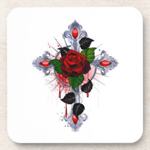 Dessous-de-verre Croix d'argent avec une rose rouge