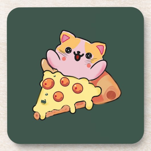 Dessous-de-verre Custom Kawaii Cat Hugging Pepperoni Pizza Cartoon (Devant)