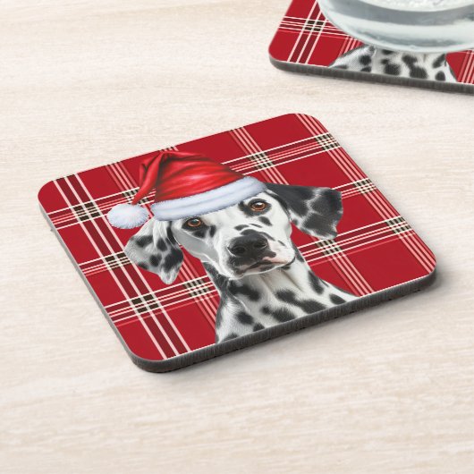 Dessous-de-verre Cute Dalmatian Santa Dog Red Holiday Plaid (Côté gauche)