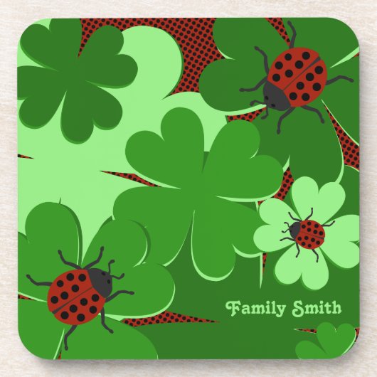 Dessous-de-verre Cute Green Red Ladybug Clover Feuilles Nom de fami (Devant)