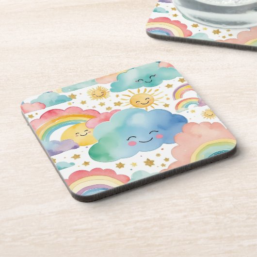 Dessous-de-verre Cute Smiling Clouds Suns Rainbows Pattern (Côté gauche)