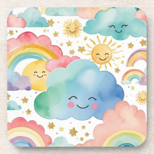 Dessous-de-verre Cute Smiling Clouds Suns Rainbows Pattern (Devant)