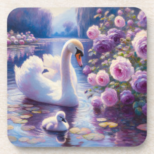 Dessous-de-verre Cygnet blanc avec Roses violets