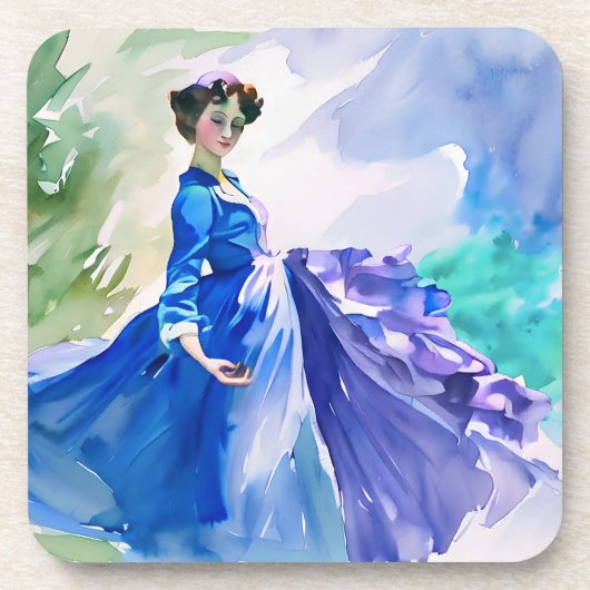 Dessous-de-verre Dame en Robe Bleue - Peinture aquarelle (Devant)