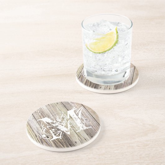 Dessous de verre de grès Monogramme en bois patiné (Côté)
