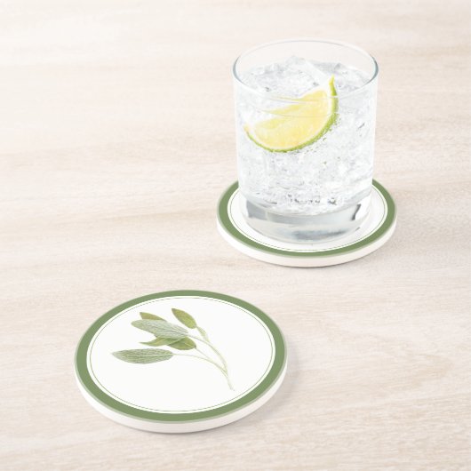 DESSOUS DE VERRE de grès rond à SAGE FRAIS (-texte (Côté)