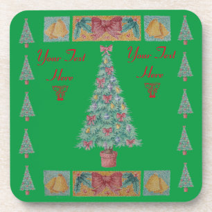 Dessous-de-verre décorations cloches et arcs rouges sur arbre noël