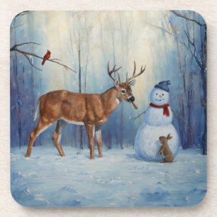 Dessous-de-verre Deer et Happy Snowman hiver de vacances scène
