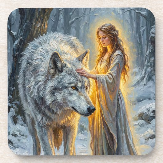 Dessous-de-verre Déesse de l'hiver & Loup Blanc (Devant)