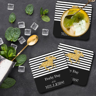 Dessous-de-verre Derby Gold Racehorse et Jockey sur Black Stripes