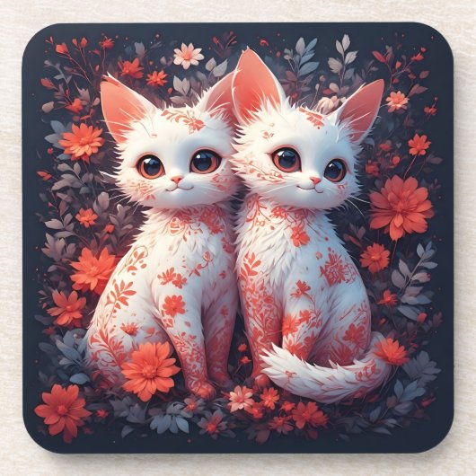 Dessous-de-verre Deux chatons blancs et fleurs (Devant)