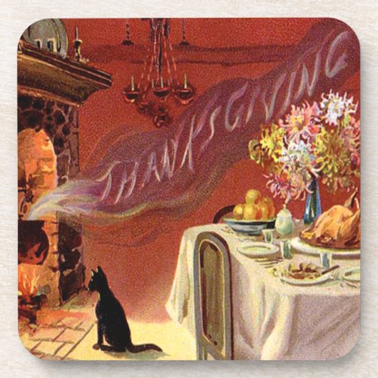 Dessous-de-verre Dîner de Thanksgiving Chat Noir Cheminée Dinde (Devant)
