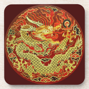 Dessous-de-verre Dragon asiatique d'or brodé sur rouge foncé