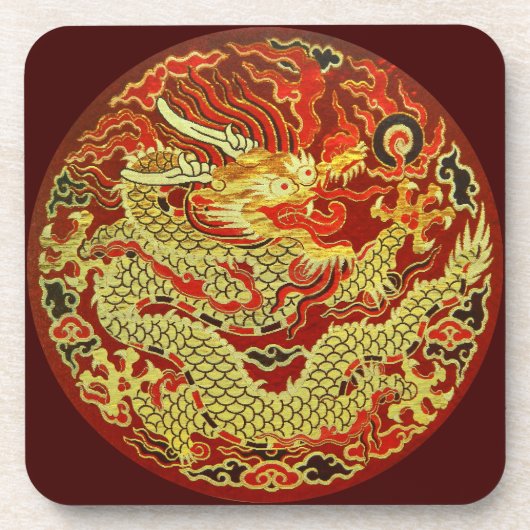 Dessous-de-verre Dragon asiatique doré brodé sur rouge foncé (Devant)
