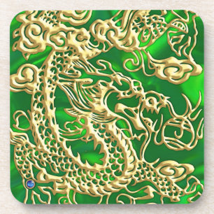Dessous-de-verre Dragon en or embouti sur impression de satin vert