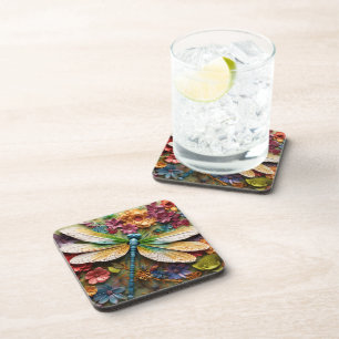DESSOUS-DE-VERRE DRAGONFLY DE COULEUR BRILLANTE AVEC FLEURS
