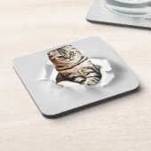 Dessous-de-verre Drôle Gray Cat Popping à travers l'illusion du pap (Côté gauche)