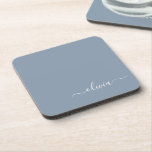 Dessous-de-verre Dusty Blue Modern Script élégant Nom du monogramme<br><div class="desc">Dusty Blue Simple Script Monogramme Nom Dessous de verre papier. Cela fait le cadeau parfait de remise de diplômes,  anniversaire,  mariage,  douche nuptiale,  anniversaire,  baby shower ou bachelorette pour quelqu'un qui aime le luxe glam et les styles chic.</div>