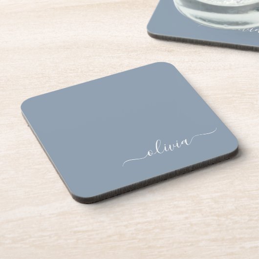 Dessous-de-verre Dusty Blue Modern Script élégant Nom du monogramme (Côté gauche)