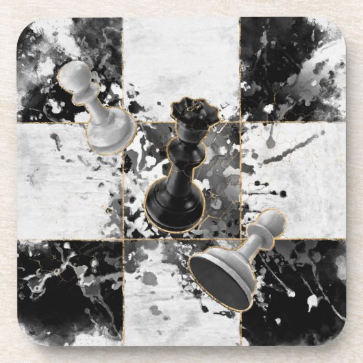 Dessous-de-verre Échecs art abstrait Aquarelle et or (Devant)
