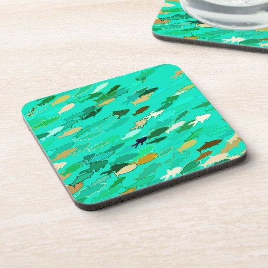 Dessous-de-verre École de Poisson, Aqua, Vert et Or (Côté gauche)