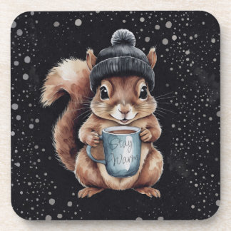 Dessous-de-verre Écureuil avec tasse et neige "Stay Warm"
